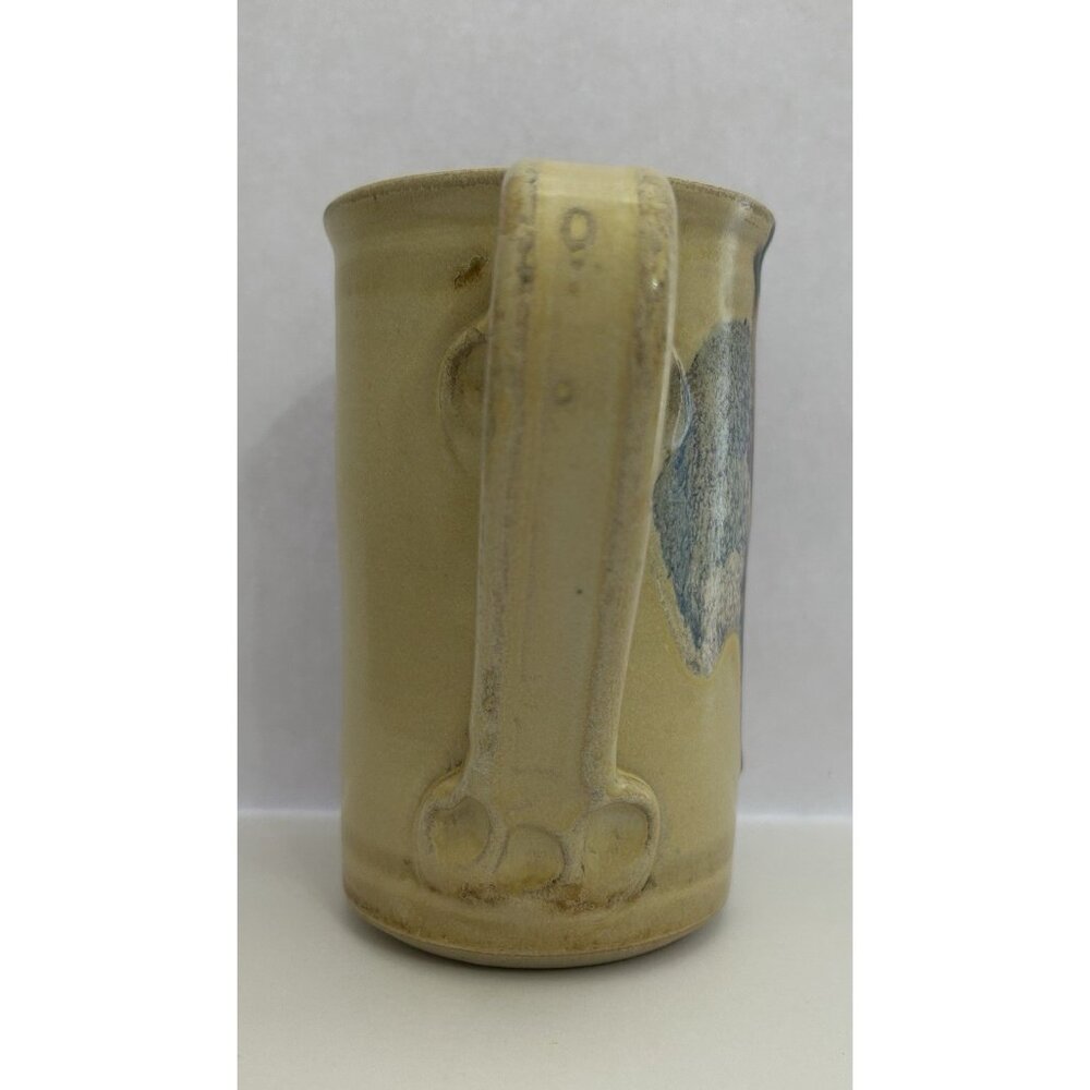 Studio Pottery Mug Tall 5 1/2 inches Drip Glaze Beige Brown Blue Signed Glosssy - Picture 4 of 16